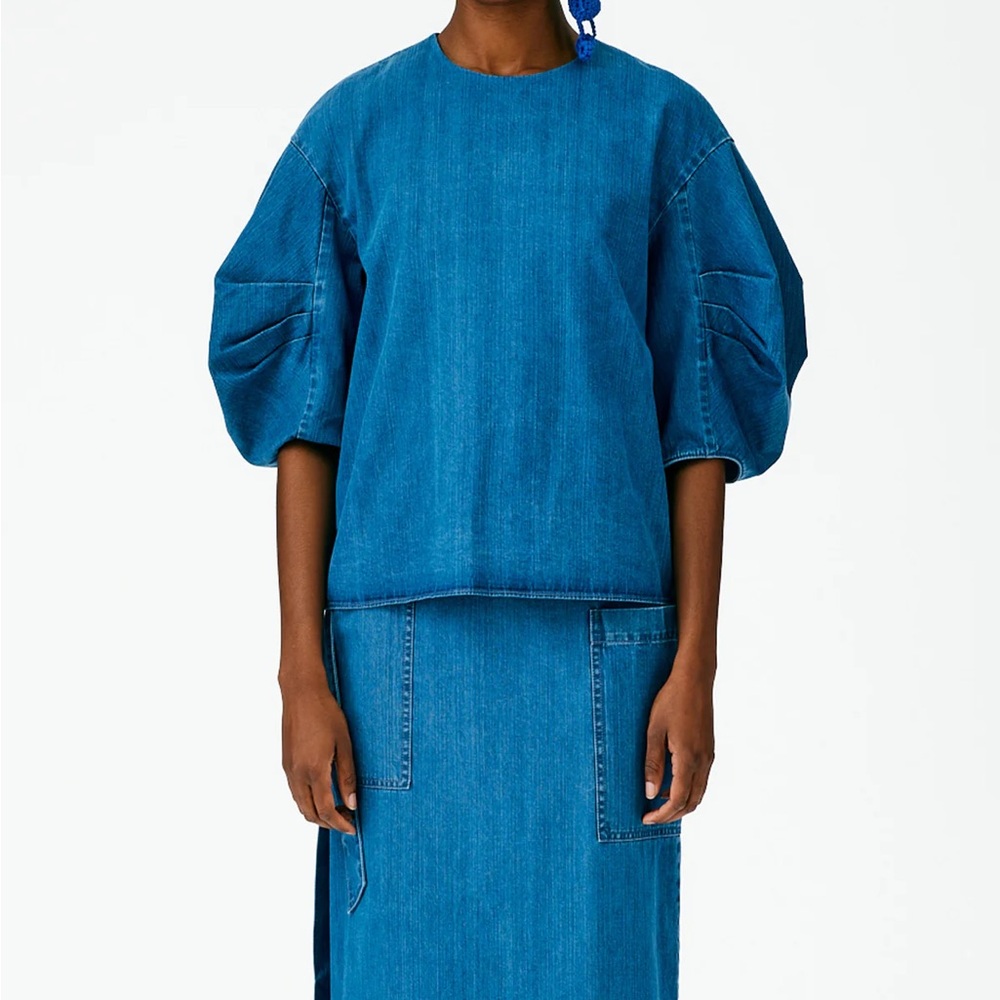 Tibi Summer Denim Pleat Sleeve Top